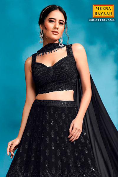 Black Georgette Sequins and Threadwork Embroidered 3-Piece Lehenga