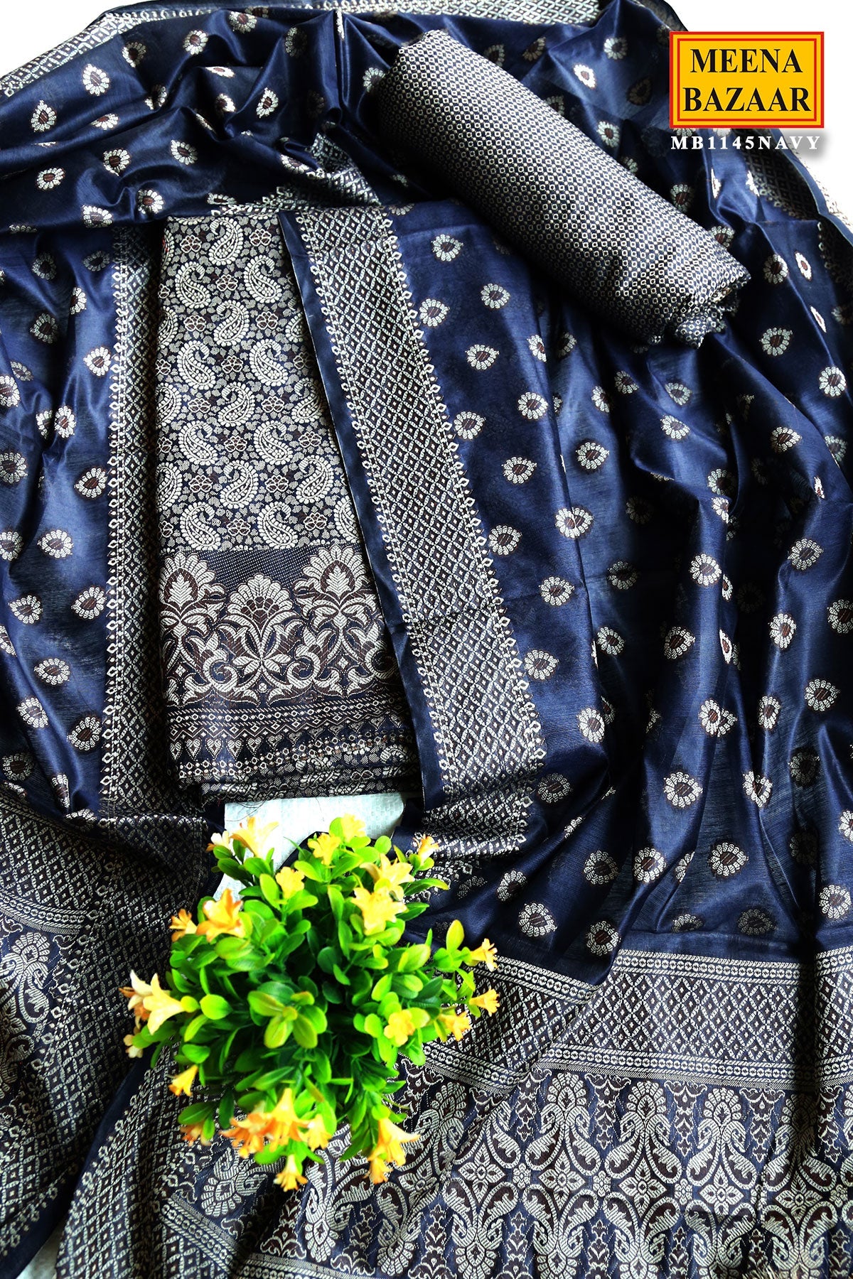 Navy Chanderi Cotton Woven Suit Set