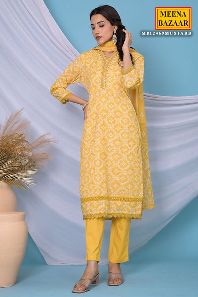 Mustard Cotton Floral Printed Sequins Embroidered Suit Set