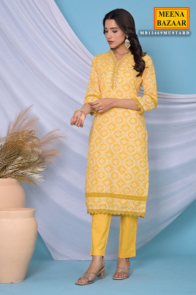 Mustard Cotton Floral Printed Sequins Embroidered Suit Set
