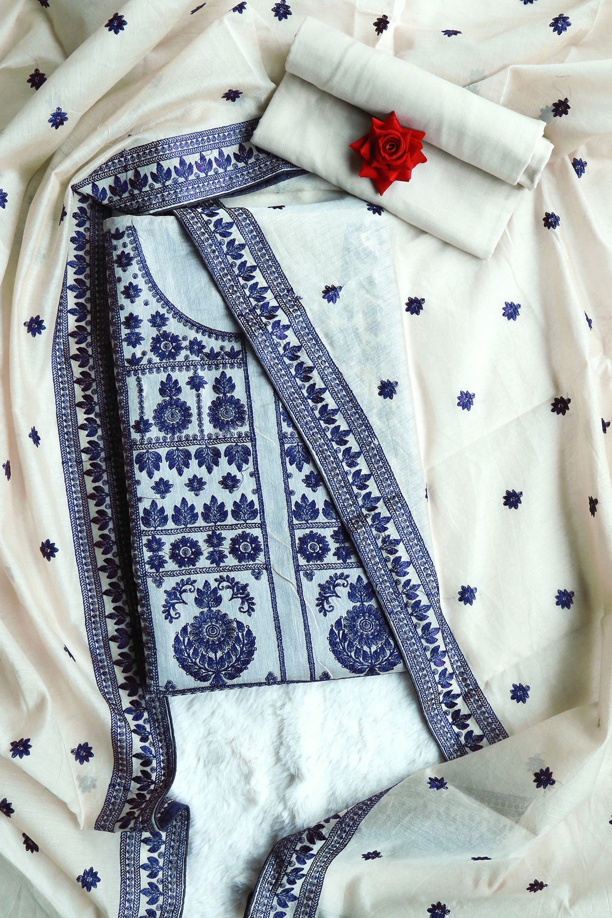 Navy Chanderi Embroidered Suit Set