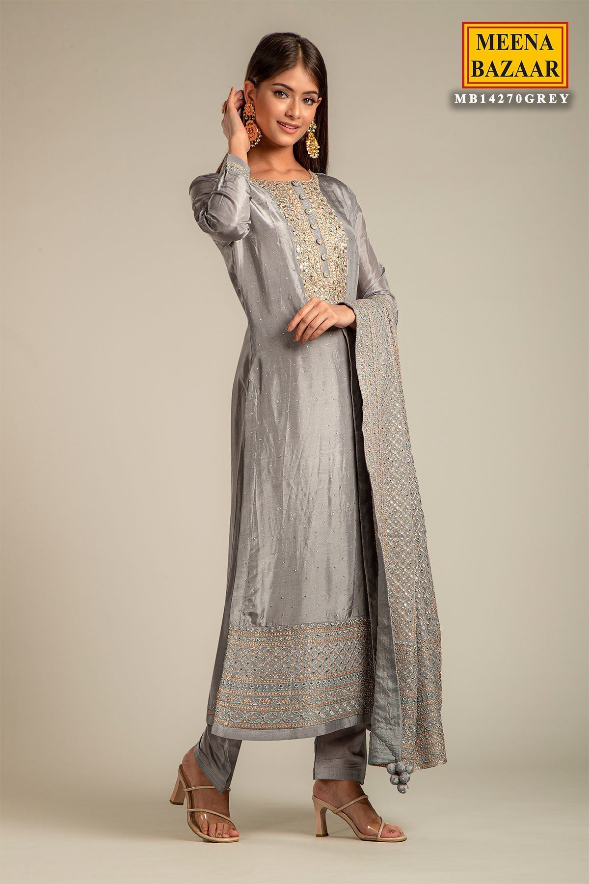 Grey Silk Embroidered Suit with Handwork Dupatta