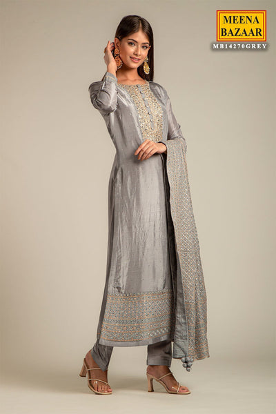 Grey Silk Embroidered Suit with Handwork Dupatta