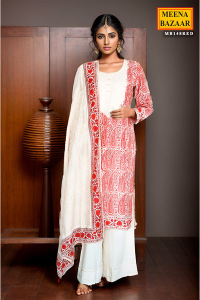 Red Cotton Printed Suit with Thread Embroidered Neckline