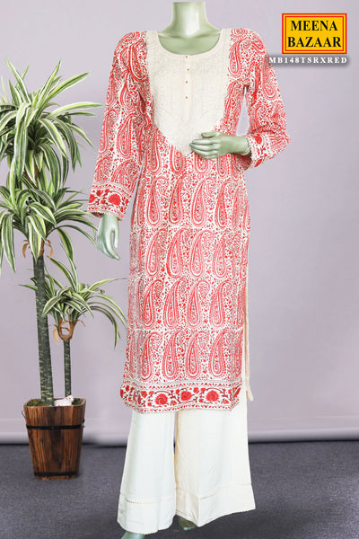 Red Cotton Printed Suit with Thread Embroidered Neckline