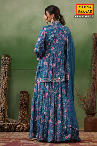 Blue Silk Floral Printed Flared Skirt Suit with Beads, Cutdana, Zari Embroidered Neckline