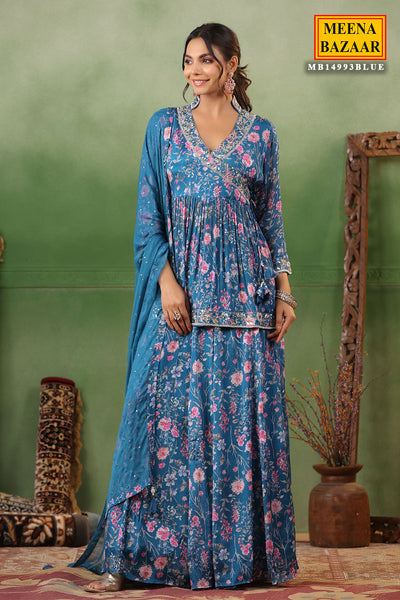 Blue Silk Floral Printed Flared Skirt Suit with Beads, Cutdana, Zari Embroidered Neckline