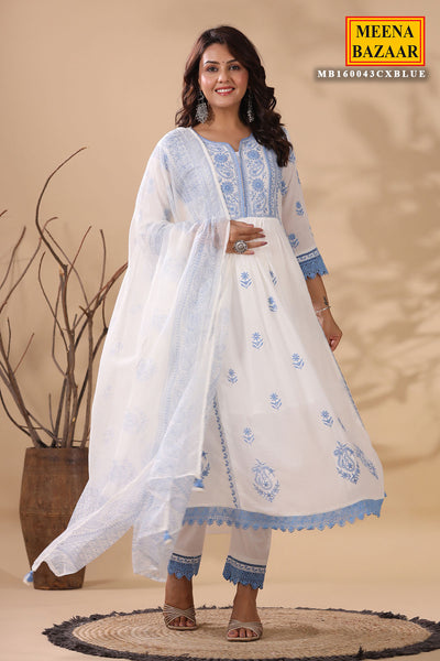 Blue & White Cotton Suit with Threadwork and Lace Embroidery