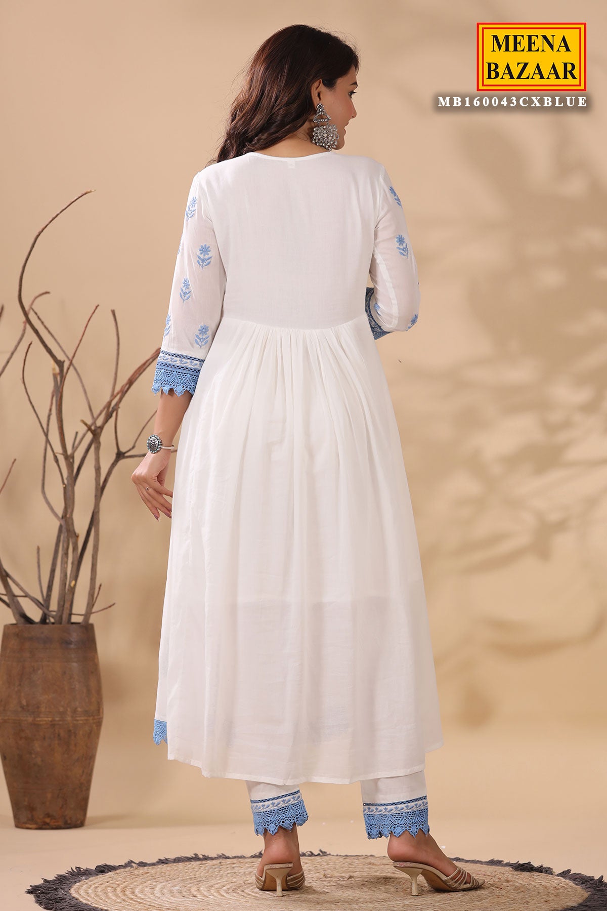 Blue & White Cotton Suit with Threadwork and Lace Embroidery