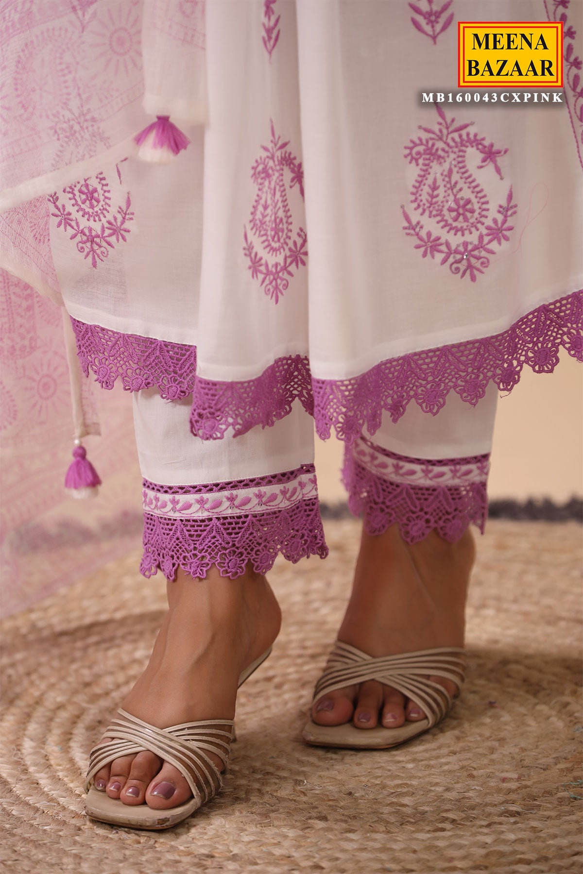 Pink & White Cotton Suit with Threadwork and Lace Embroidery