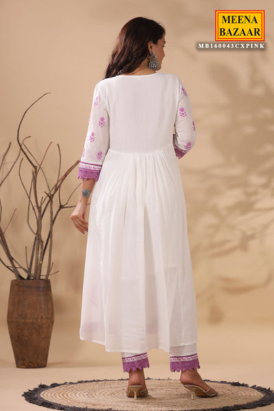 Pink & White Cotton Suit with Threadwork and Lace Embroidery