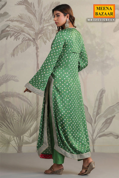 Green Satin Printed Sequin Embroidered Suit Set