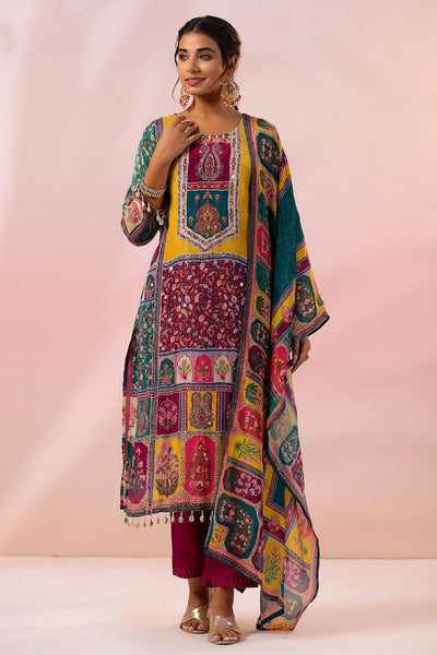 Multicolored Chinon Floral Printed Suit Set