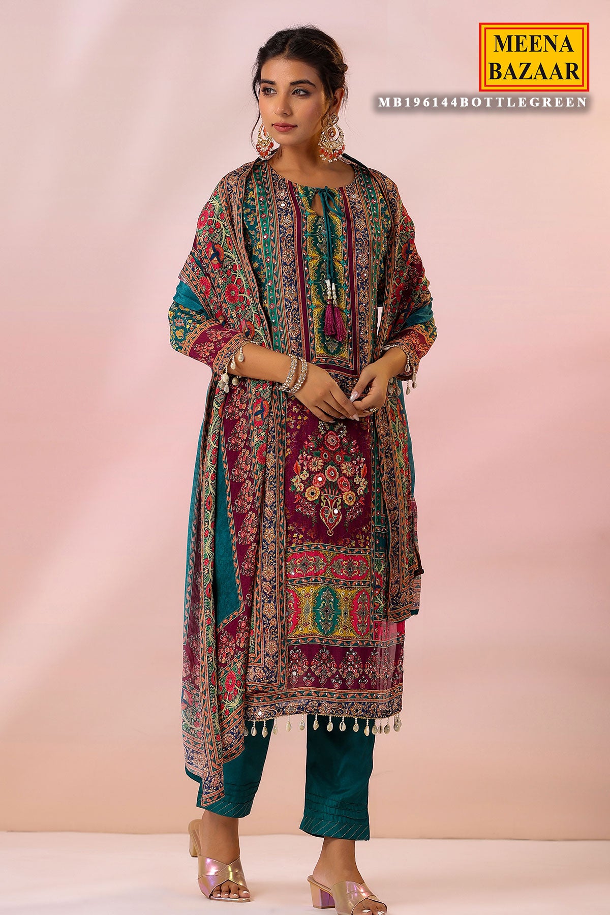 Bottle Green Chinon Printed Embroidered Suit Set
