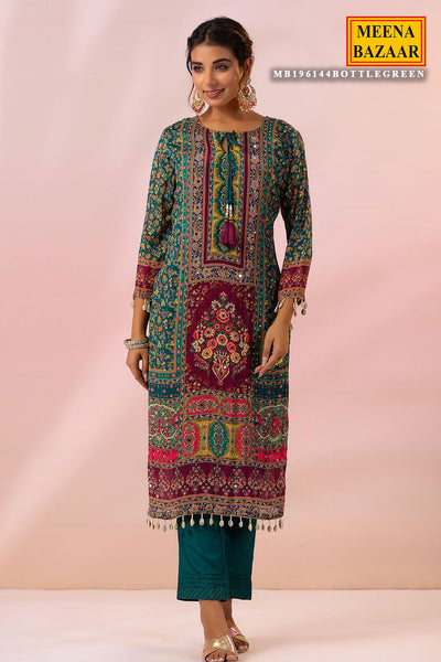 Bottle Green Chinon Printed Embroidered Suit Set