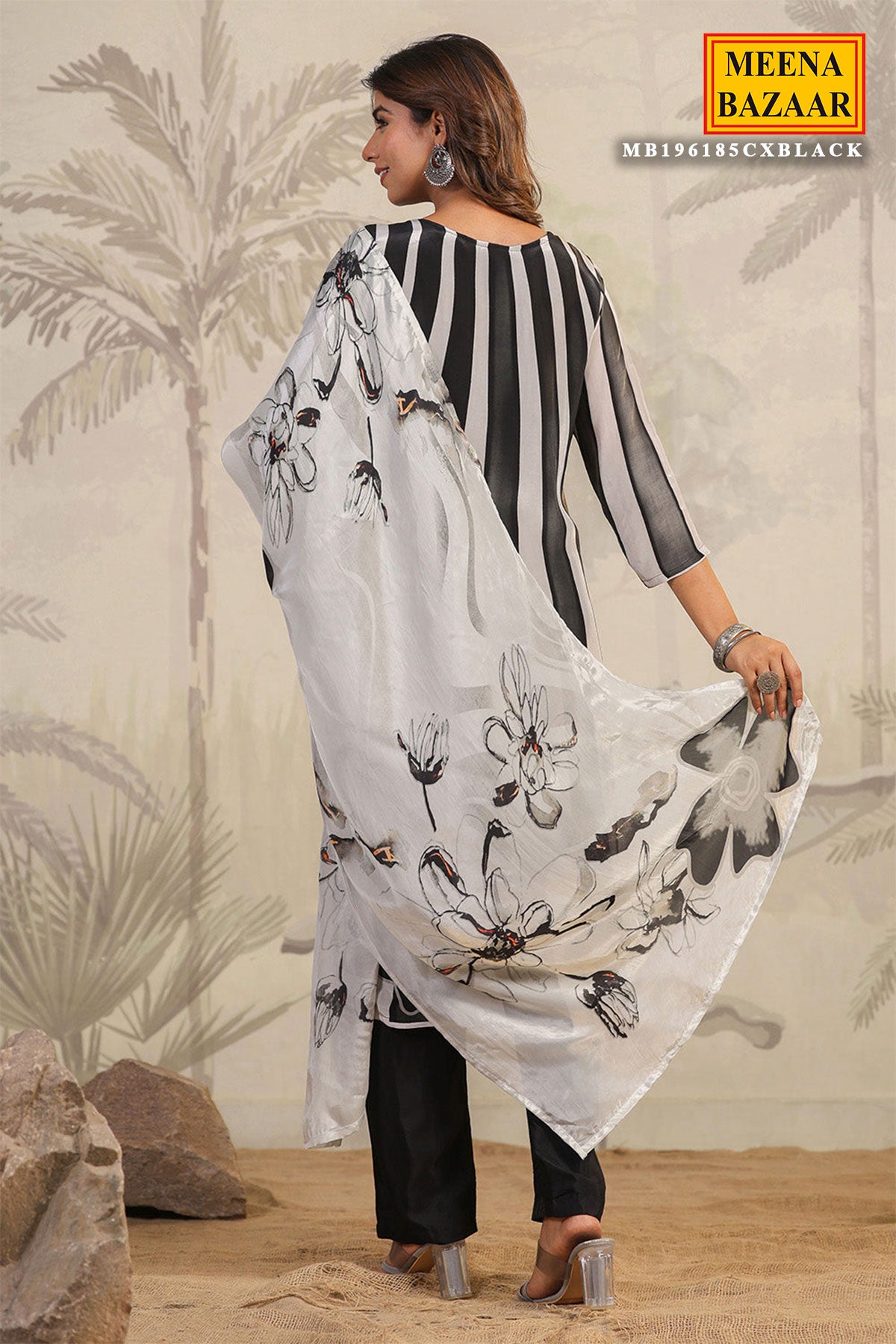 Black & White Crepe Floral Printed Embroidered Kurti Pant Set