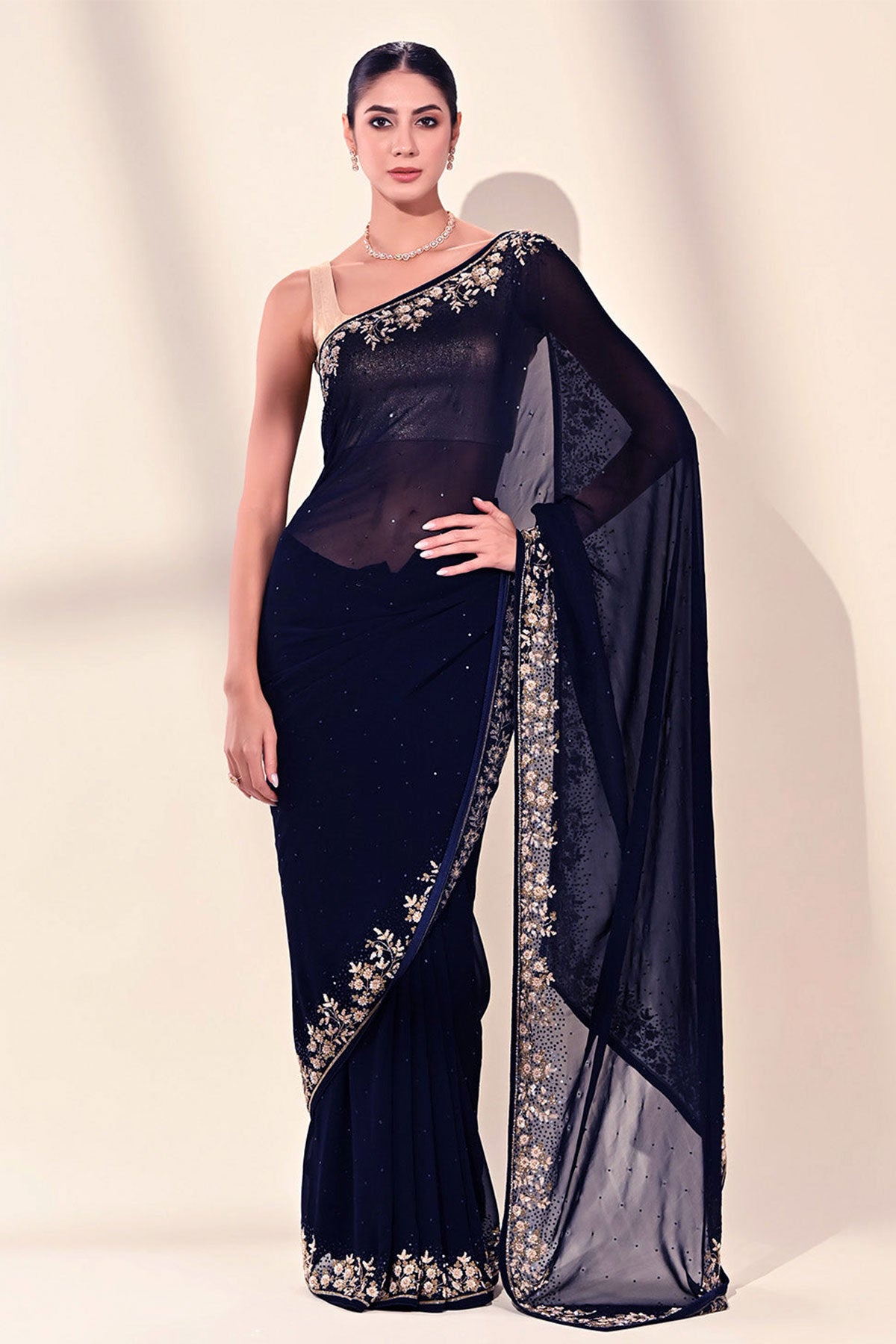 Navy Blue Georgette Floral Sequins Embroidered Saree