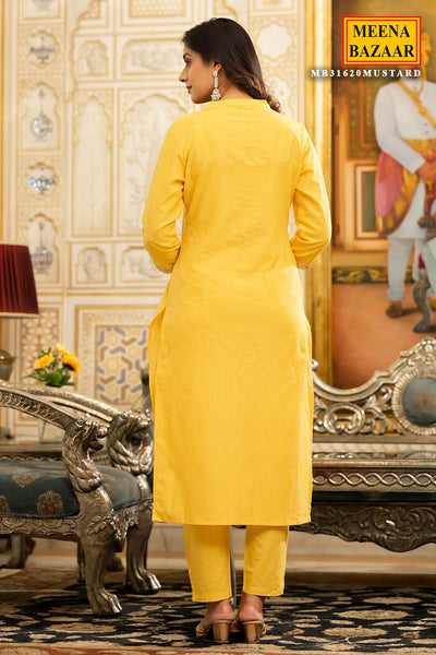 Mustard Cotton Zari neck Embroidered Suit Set