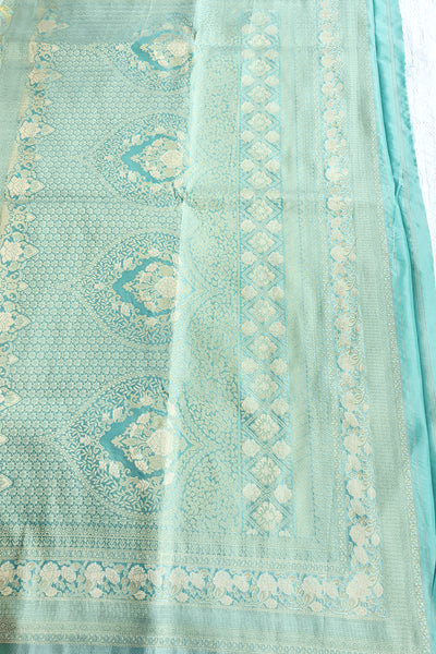 Sea Green Blended Silk Floral Zari Weaving Saree