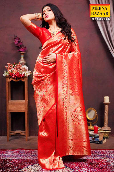 Red Blended Silk Zari Weaving Saree