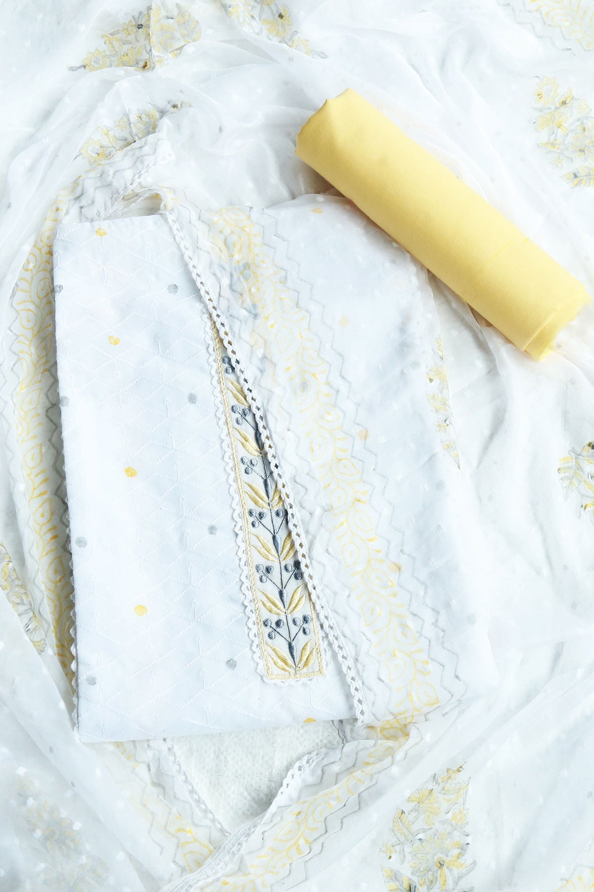 White & Lemon Printed Cotton Thread Embroidered Suit