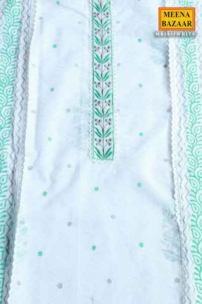 White & Firozi Printed Cotton Thread Embroidered Suit