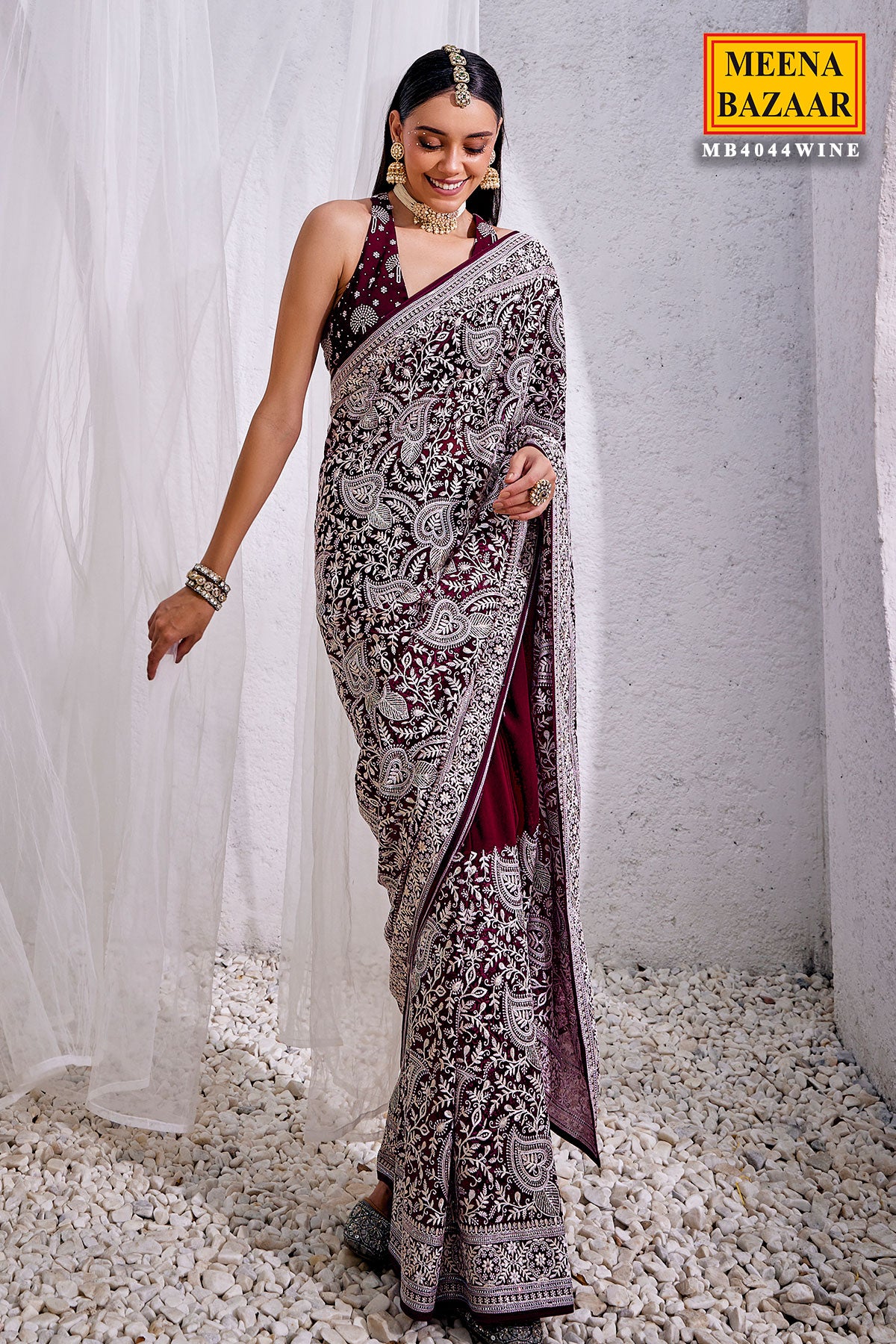 Wine Georgette Contrasting Thread Embroidered Saree
