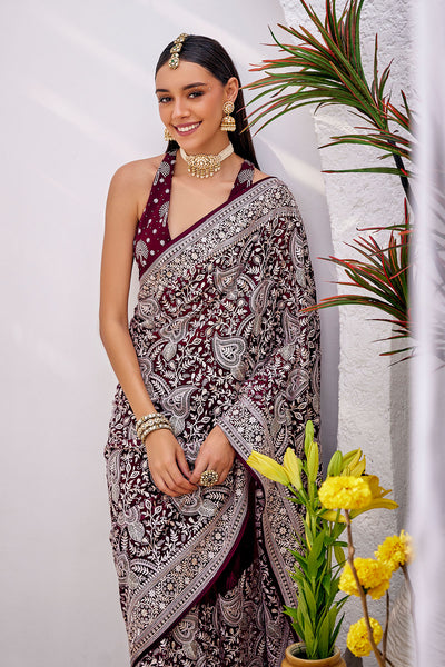 Wine Georgette Contrasting Thread Embroidered Saree