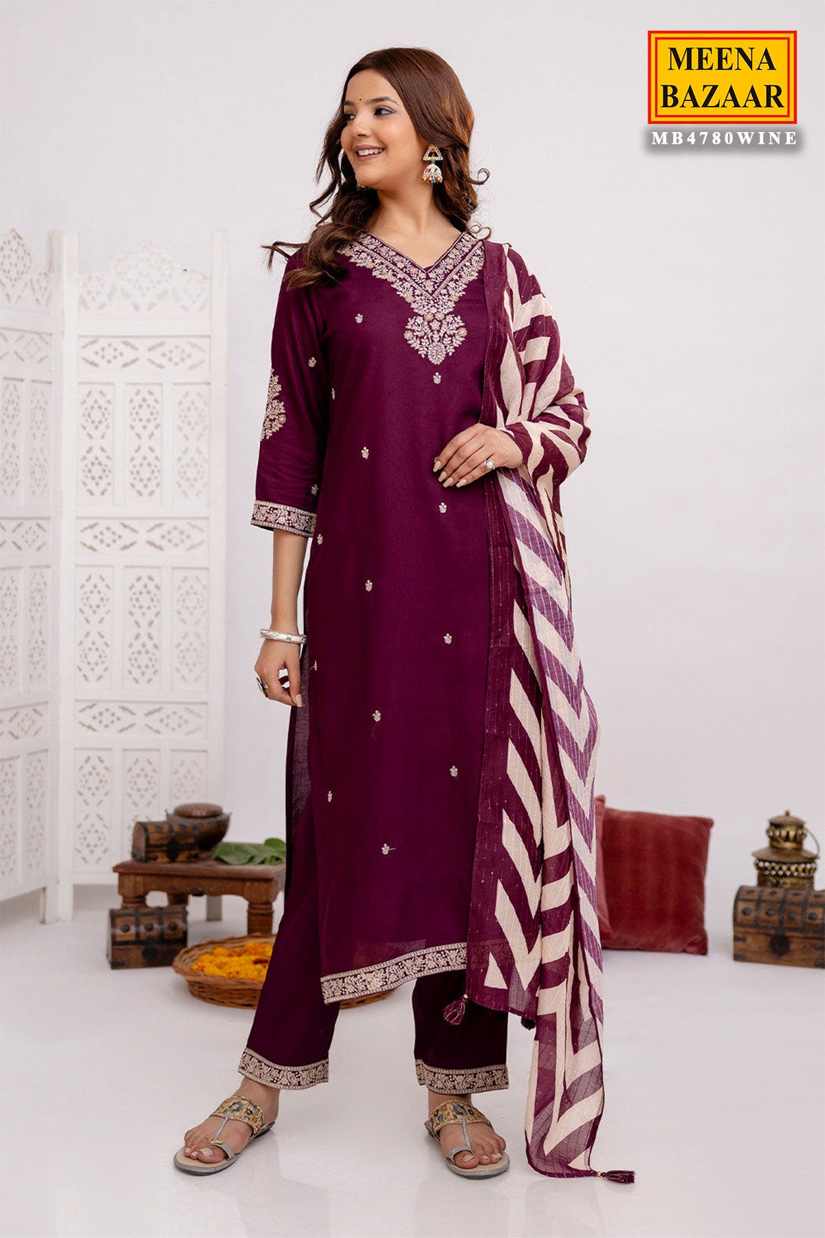 Wine Rayon Suit Set with  Embroidered Neck