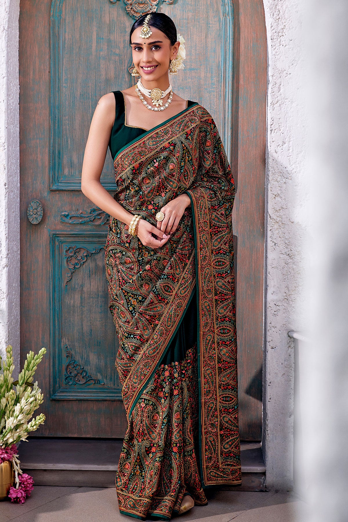 Bottle Green Woven Design Georgette Saree & Embellished Belt