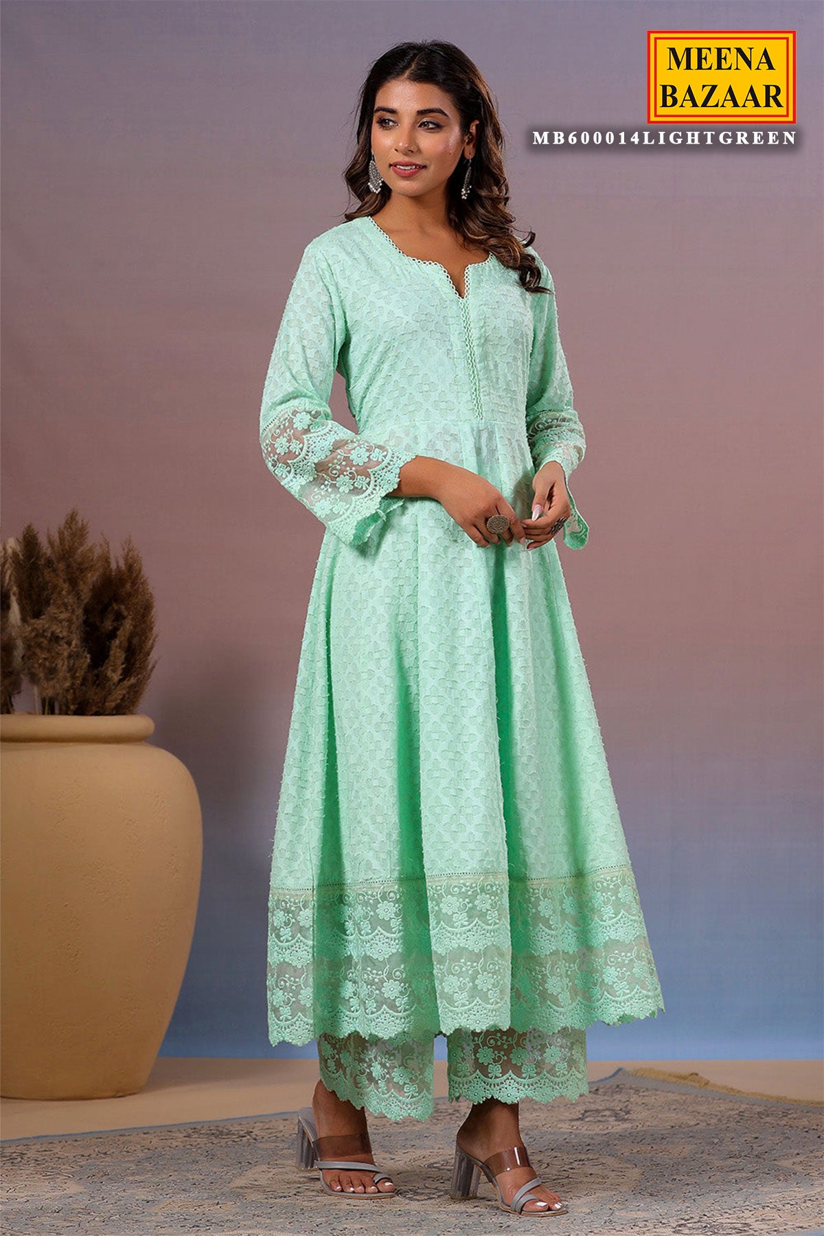 Light Green Cotton Kurti with Pants Threadwork, Zari, and Lace Embroidery