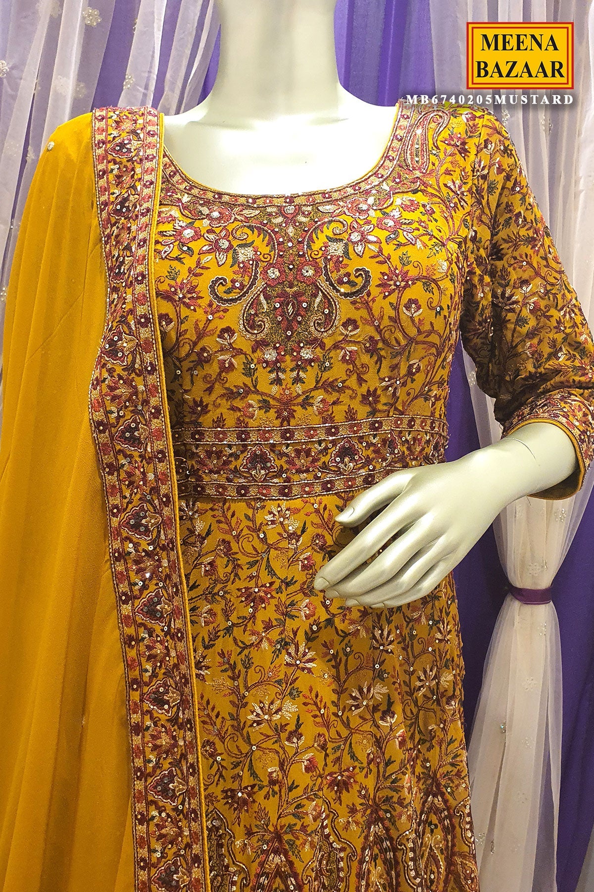 Mustard Georgette Embroidered Floor Length Anarkali Gown with Dupatta