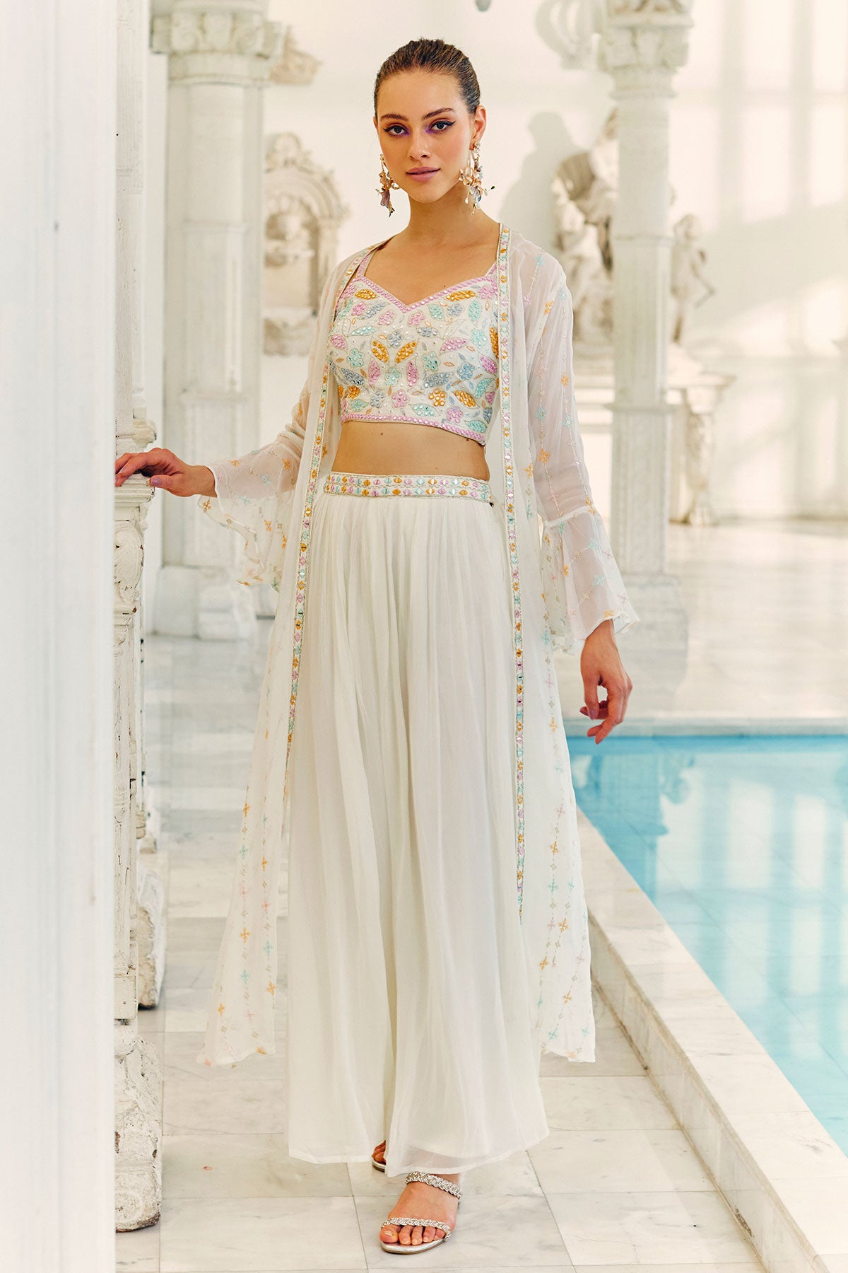 White Georgette Co-ord Set with Mirror and Threadwork Embroidery