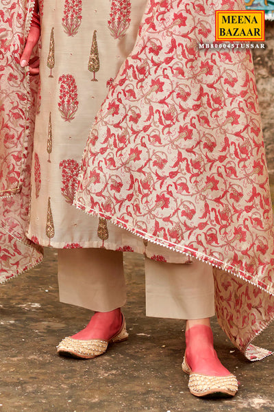 Beige Chanderi Floral Neck Embroidered Suit Set