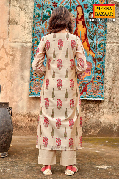 Beige Chanderi Floral Neck Embroidered Suit Set