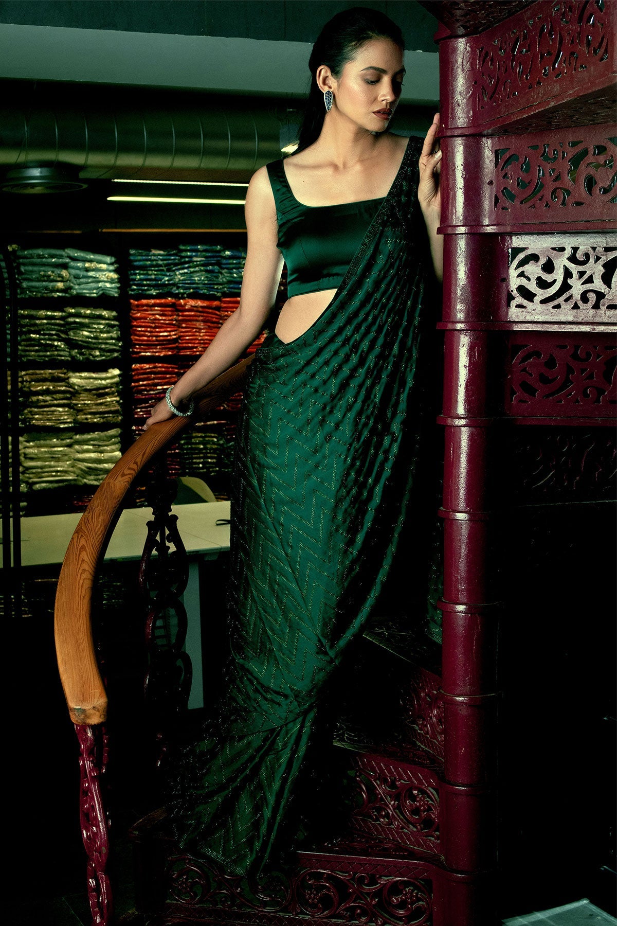 Bottle Green Swarovski Studded Satin Saree – Meena Bazaar