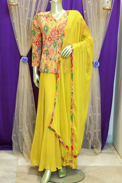 Mustard Chinon Zari and Sequins Embroidered Sharara Suit Set
