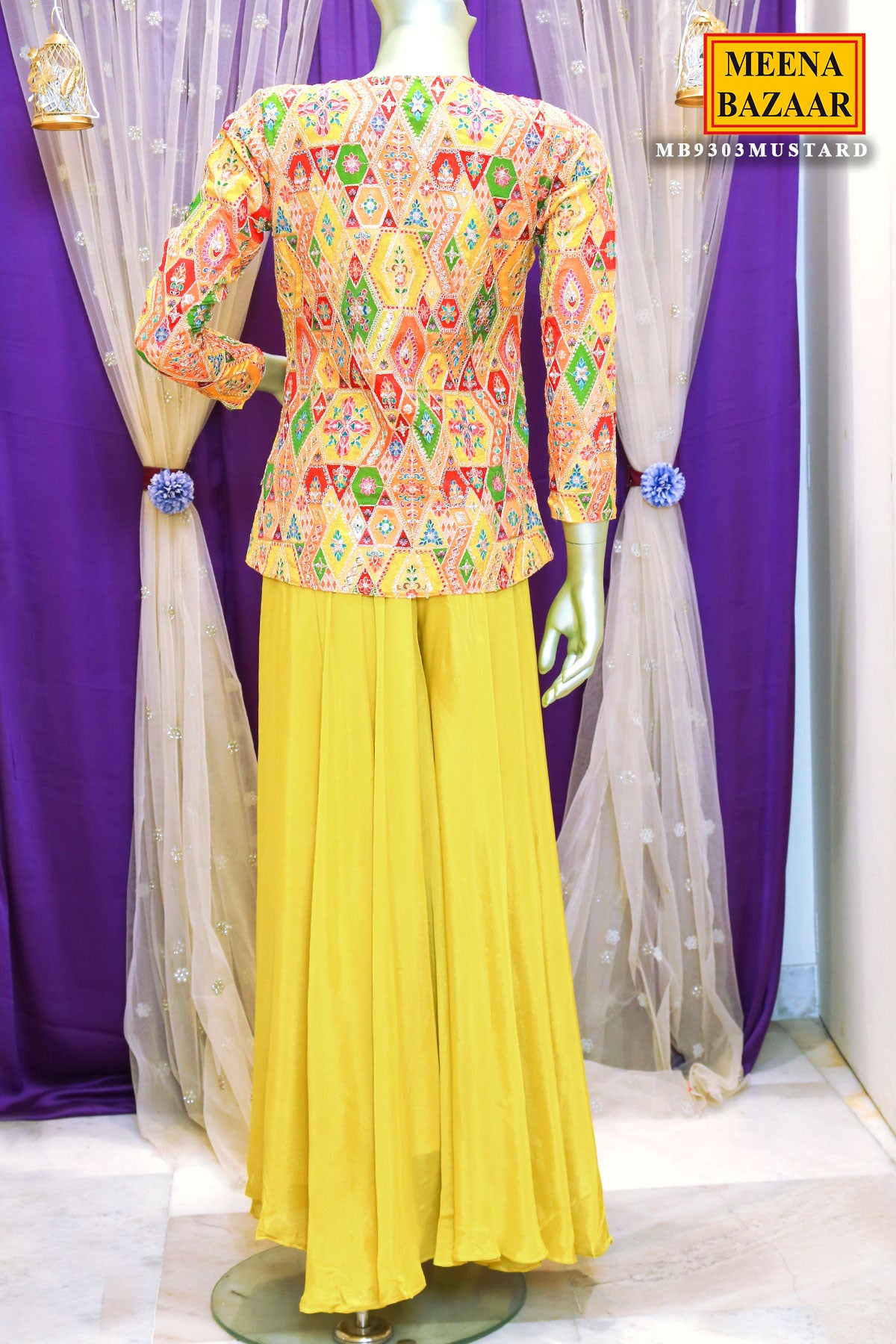 Mustard Chinon Zari and Sequins Embroidered Sharara Suit Set