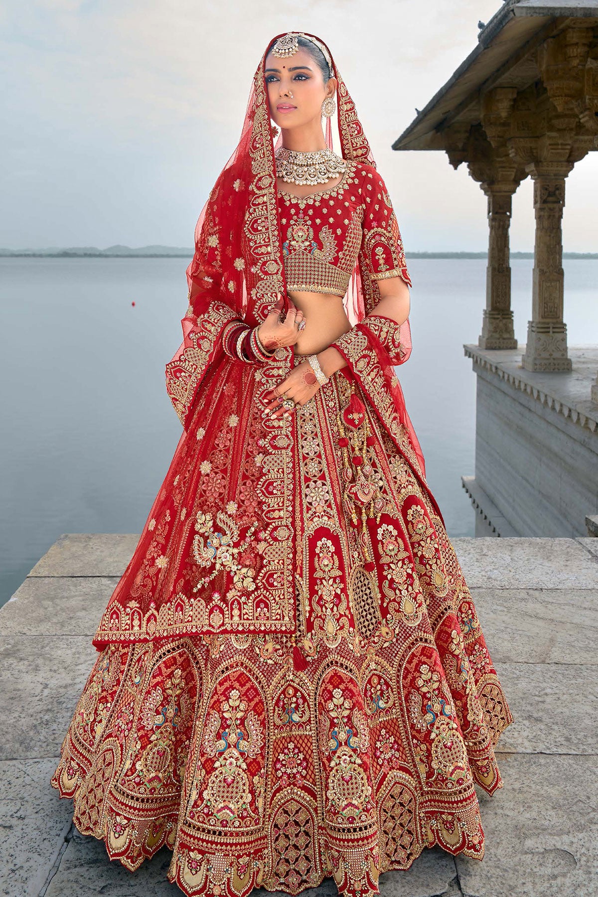 Red Silk Embroidered Wedding Lehenga WIth Dupatta – Meena Bazaar