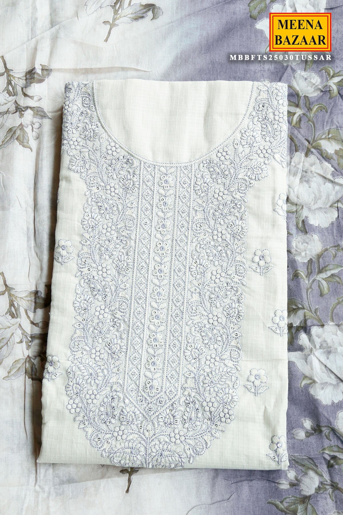 Beige Cotton Threadwork Embroidered Unstitched Suit