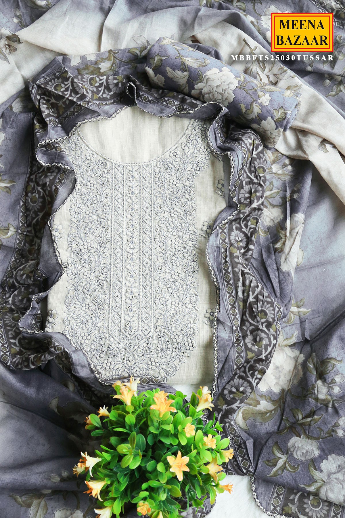 Beige Cotton Threadwork Embroidered Unstitched Suit