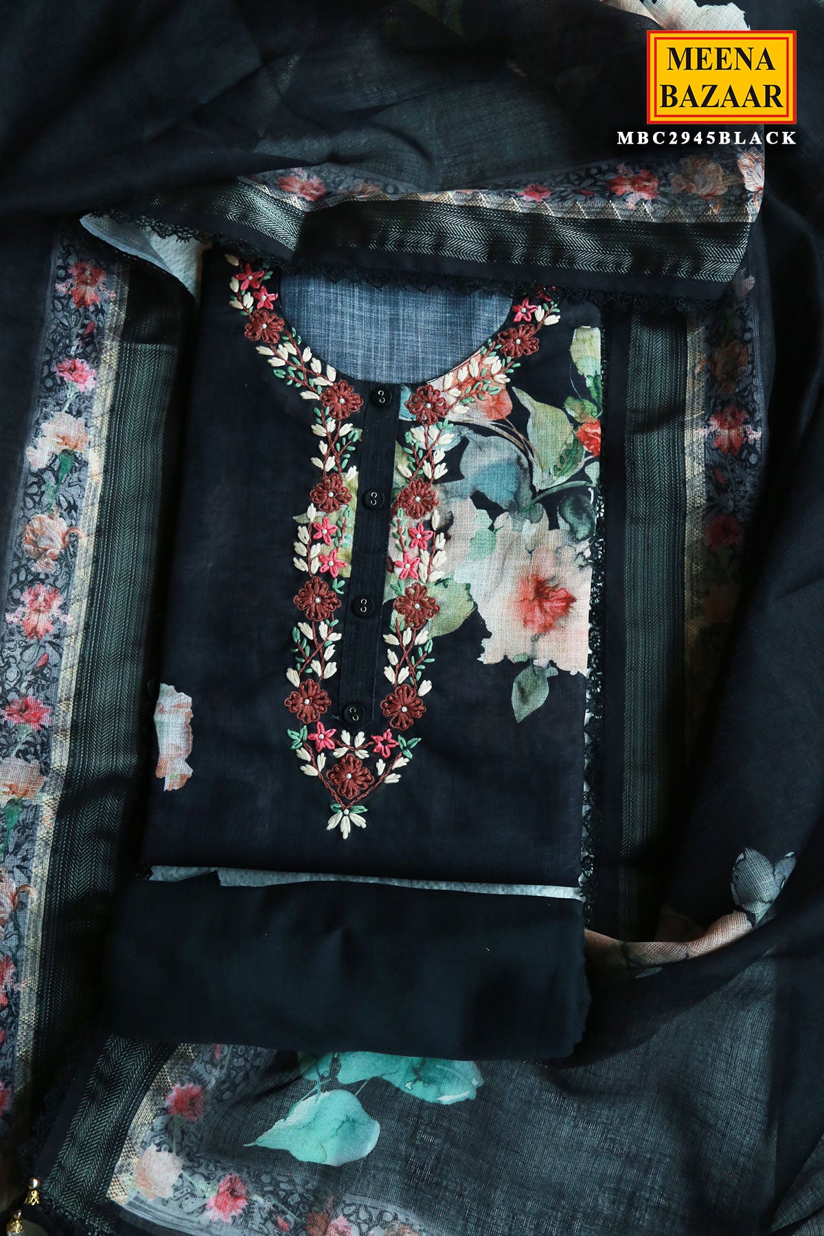 Black Linen Cotton Thread Embroidered Suit Set