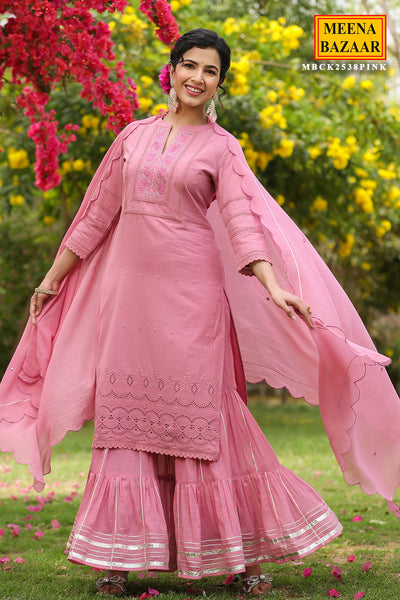 Pink Cotton Thread Embroidered Gharara Suit Set