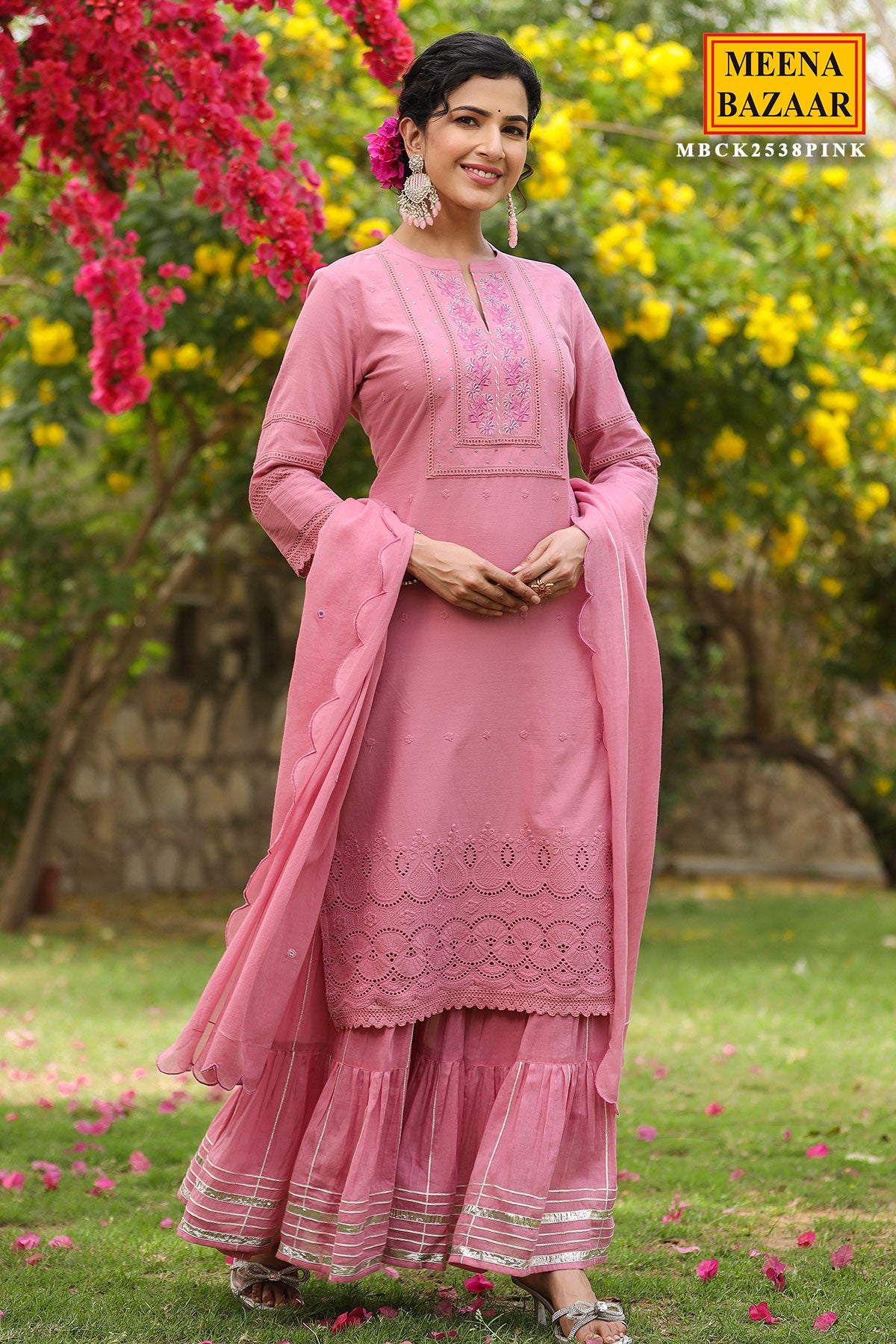 Pink Cotton Thread Embroidered Gharara Suit Set