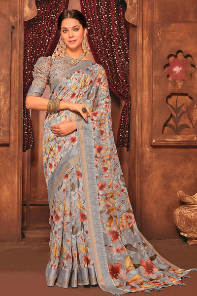 Grey Cotton Blend Sequin Embroidered Saree