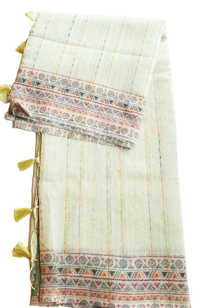Pista Linen Floral Printed Weaving Saree