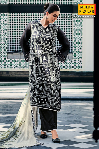 Black Net Lace Embroidered Unstitched Suit
