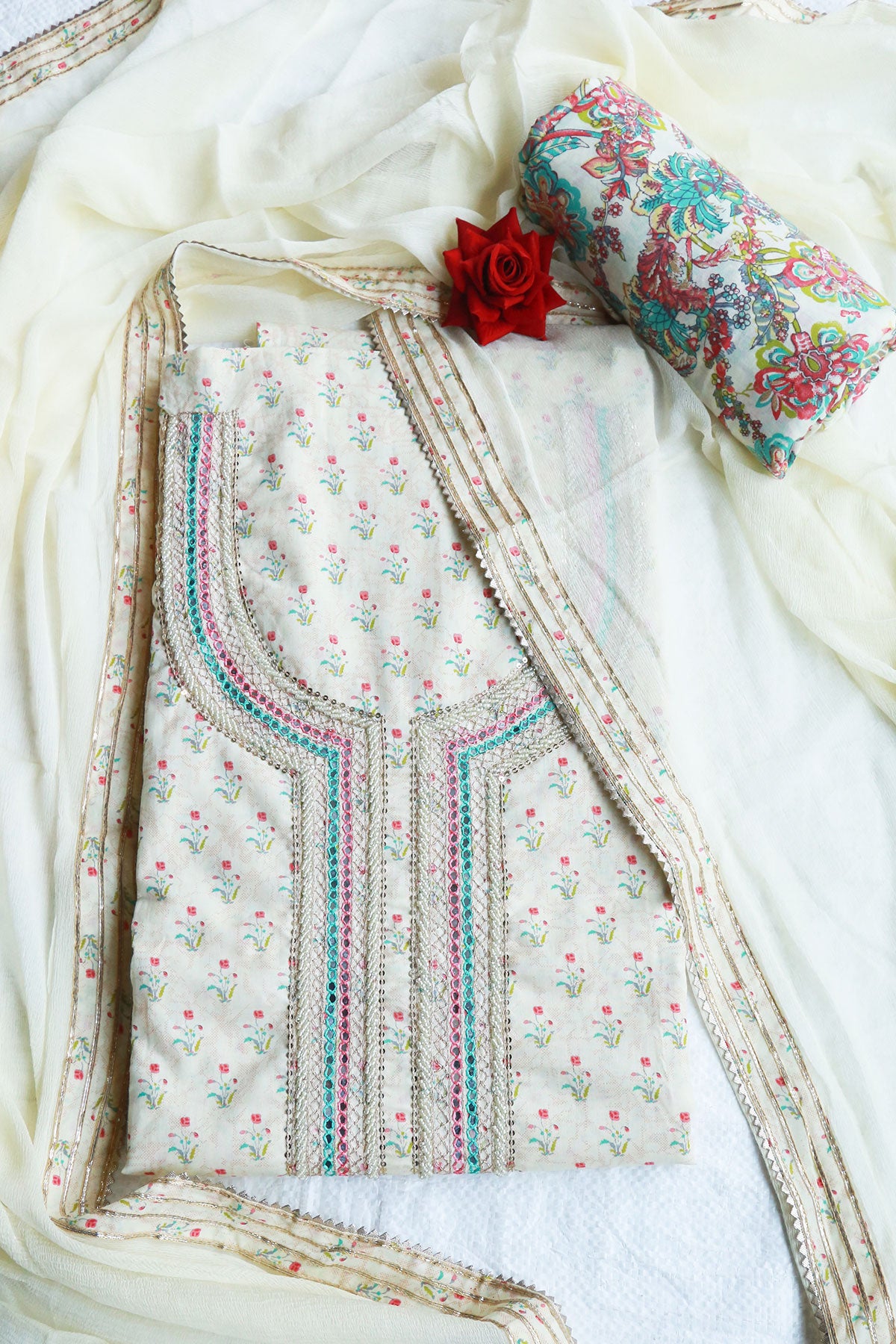 Light Yellow Cotton Embroidered Printed Suit