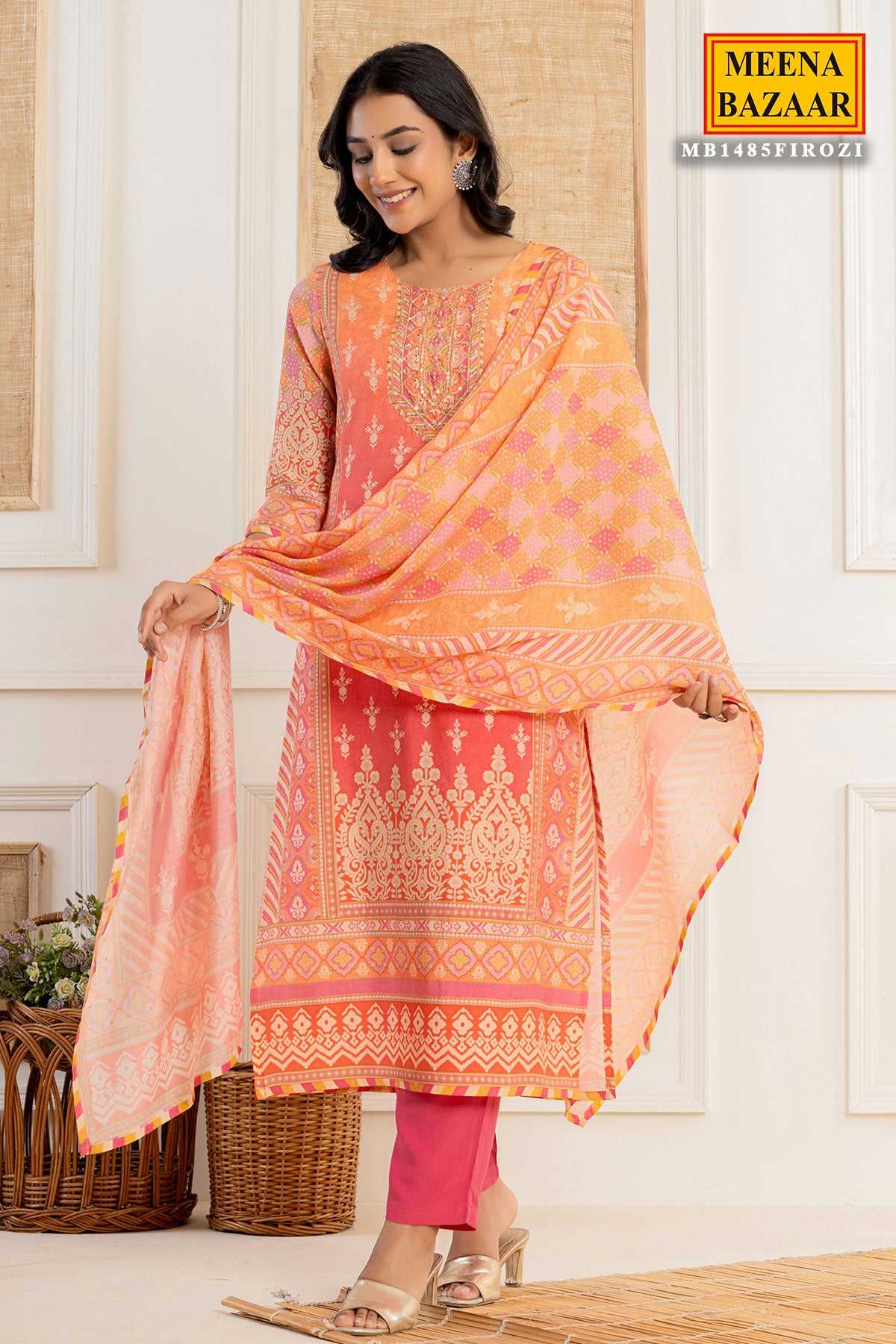 Gajari Muslin Printed Neck Embroidered Suit With Pants