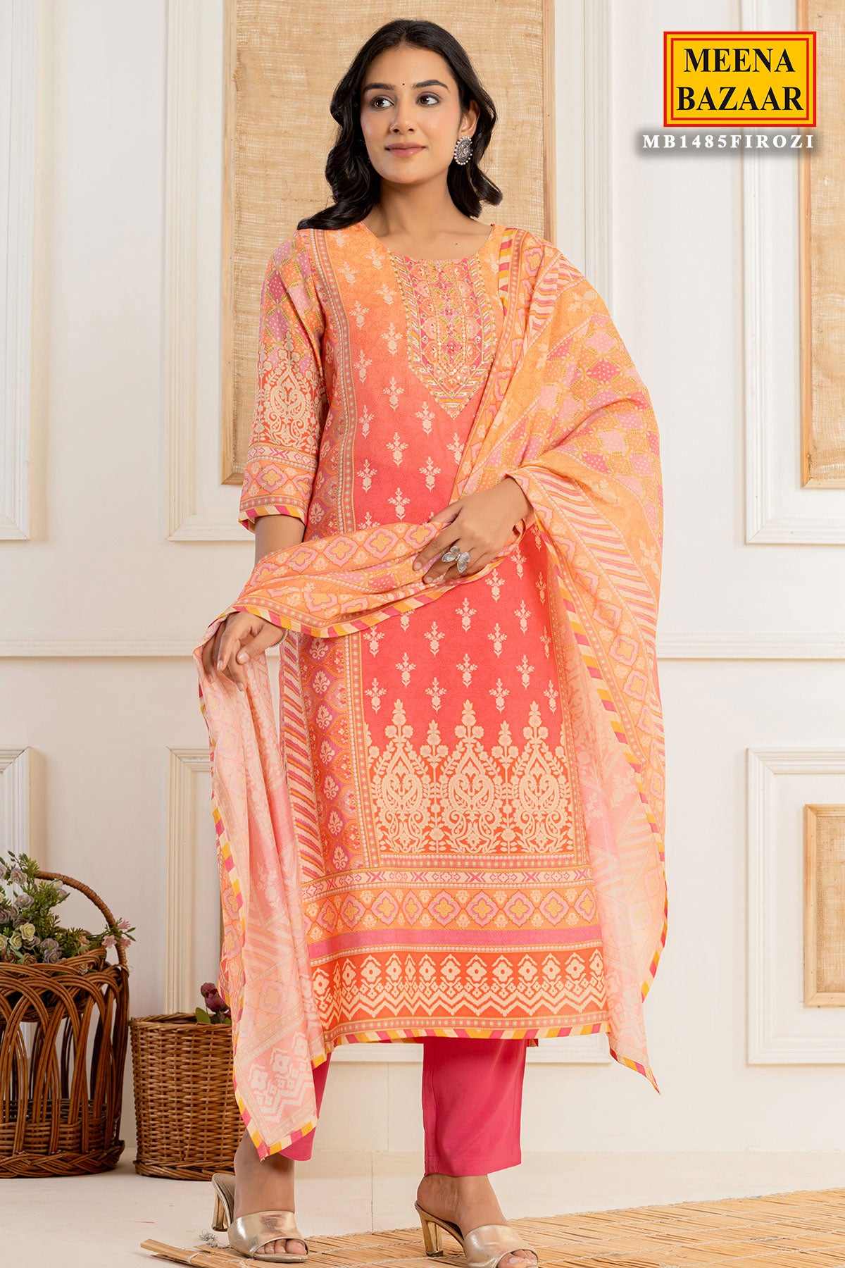 Gajari Muslin Printed Neck Embroidered Suit With Pants